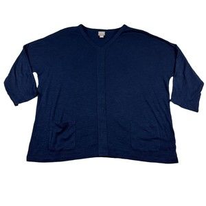 Chico's Size 2/ L Womens Navy Blue Knit Cotton 3/4 Sleeve Front Pocket Tunic Top